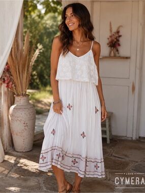 Young Threads Boho White Embroidered Spaghetti-Strap Midi Dress.